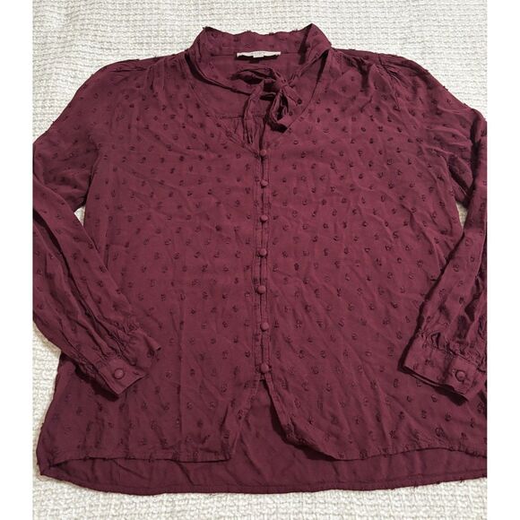 LOFT Burgundy Swiss Dot Tie Neck Button Front Blouse S Romantic Cottagecore - Picture 5 of 8